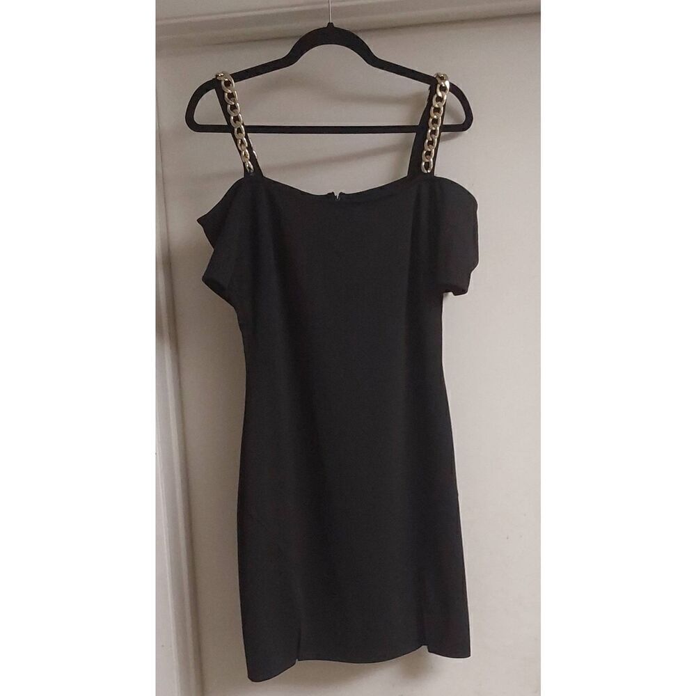 NWOT~JustFab Black & Gold Chain Shoulder Strap Accent Mini Dress Sz L